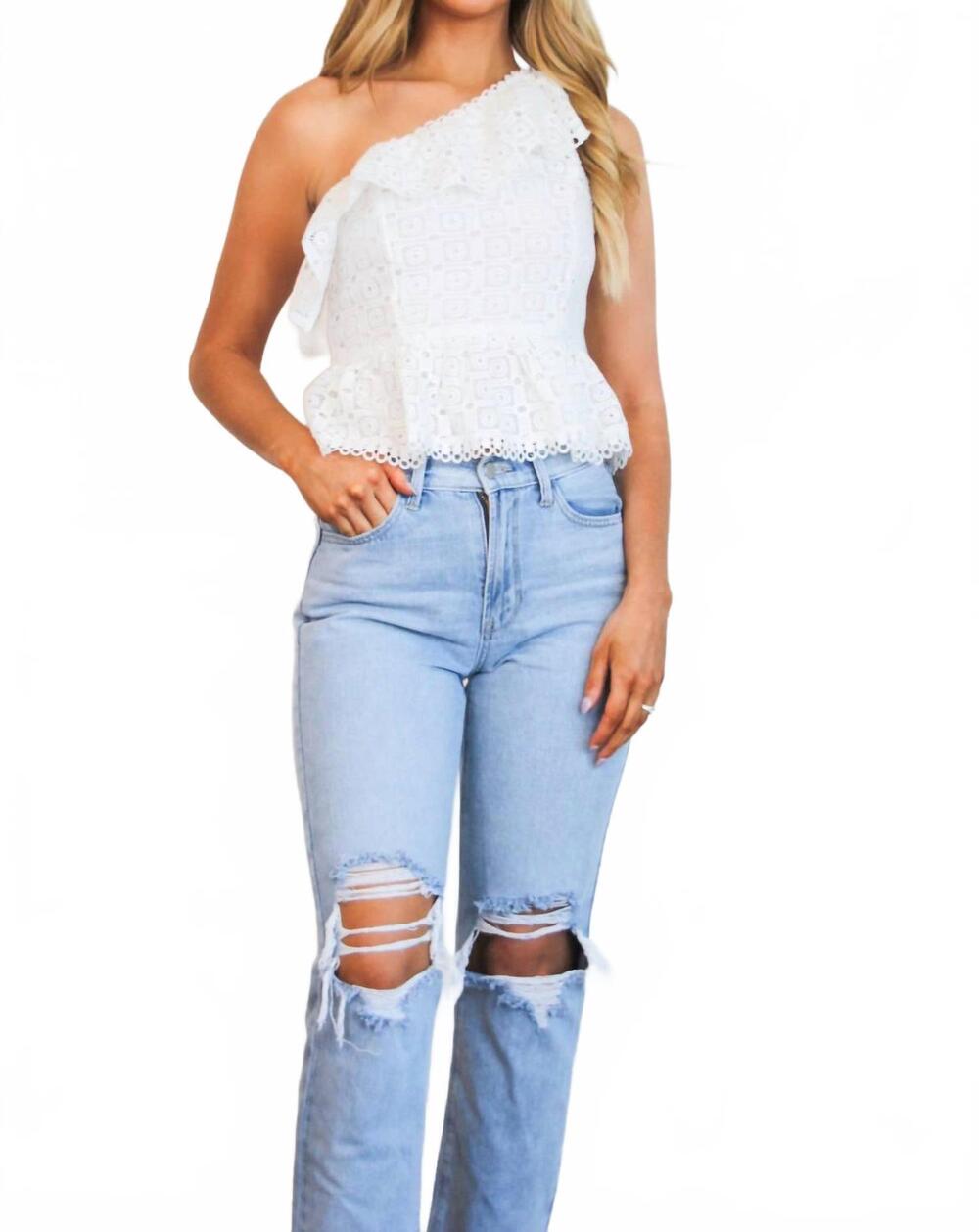 NEW DO+BE briar one shoulder eyelet lace ruffle top in white